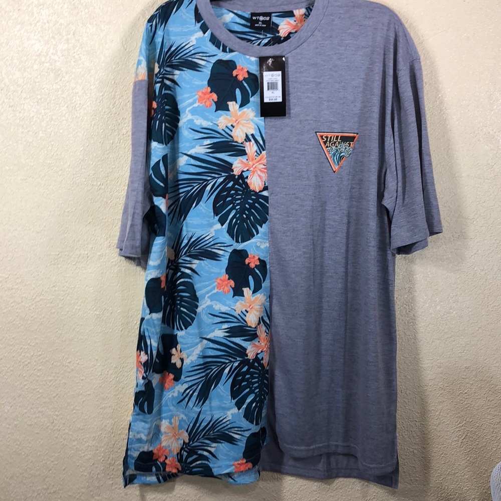 Men's Tee T-Shirt Gray Blue Floral  NWT XL